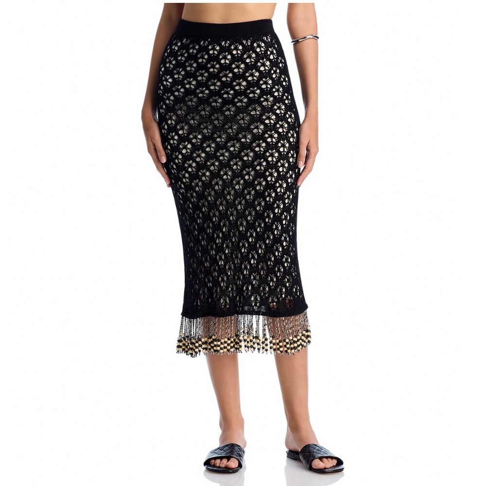 Capittana Sally Black Crochet Skirt Swim Cover-Up Beaded Fringe XS/S